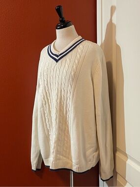 Russell Simmons Men’s Tartan Blu & White Varsity Cotton Knit V Neck Sweater